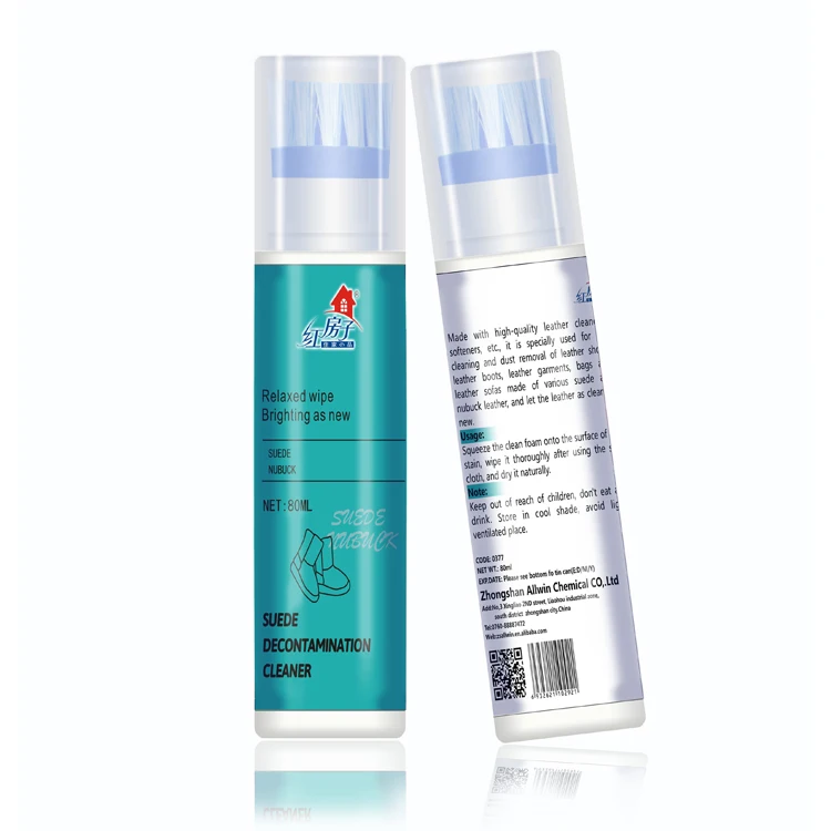 Suede and nubuck leather shoe polish decontamination cleaner with brush applicator