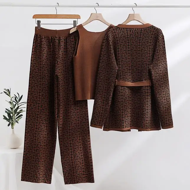 Spring Autumn Set Women Fashion Back Jacquard Coat Vest Knitted Pants Three Piece Suit Ladies 3 Pieces Knitting Set
