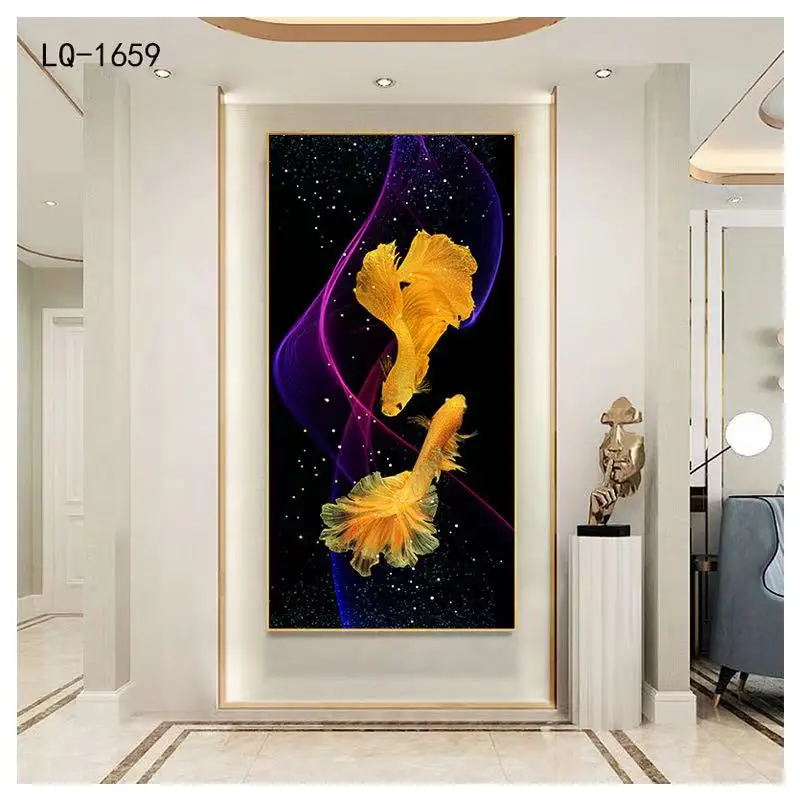 High Quality Indoor Wall Painting Senior Colorful Fish Animal Painting Canvas Crystal Porcelain Painting