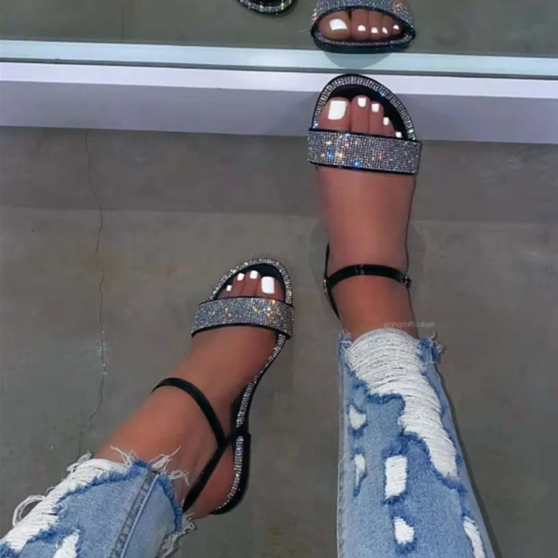 Fashion Beauty Rhinestone Pearls Shiny Diamond Women Slides Sandals Neon PVC Hot Pink Green Knit Flat Slippers Big Size Pumps