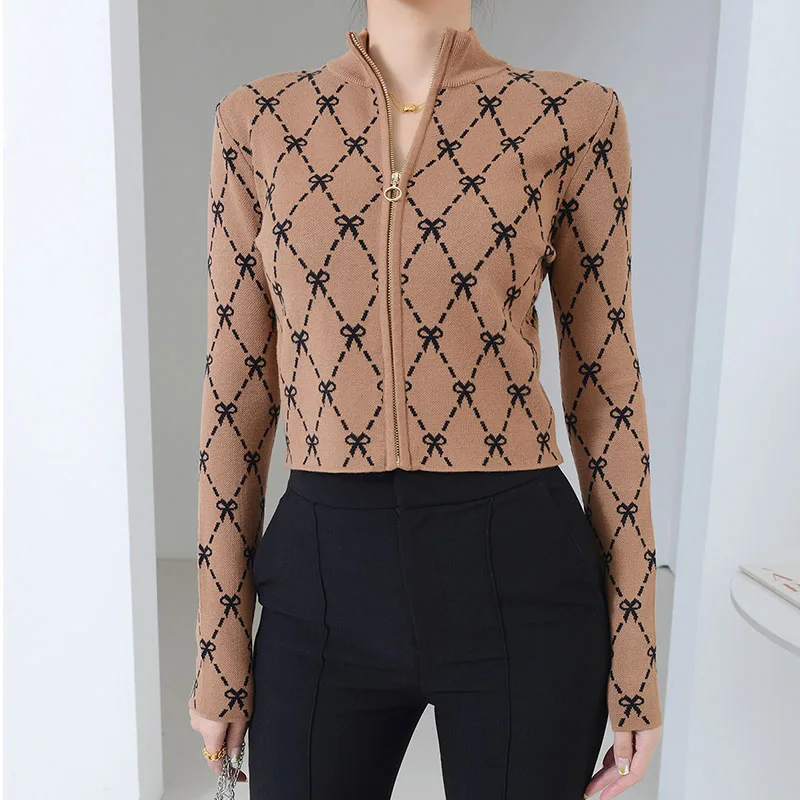 Bow Jacquard Cropped Knit Sweater Bow Custom Pattern Knitted Jumper Chunky Knit Cardigan