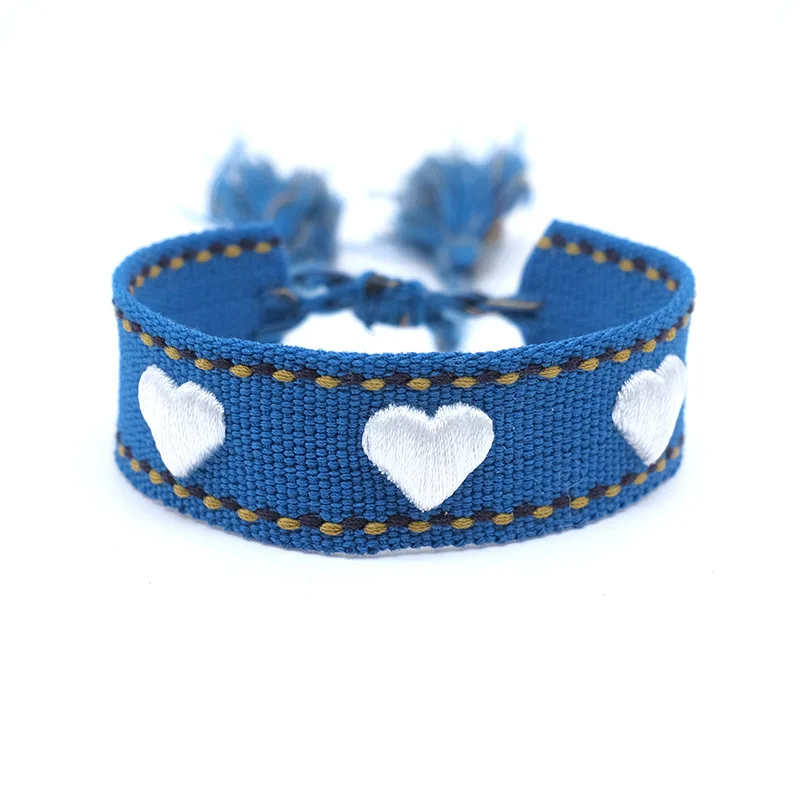 Bohemian Custom Logo Ribbon Letter Embroidery heart Friendship Braided Bracelet Adjustable Woven Charm Webbing Tassel Bracelets