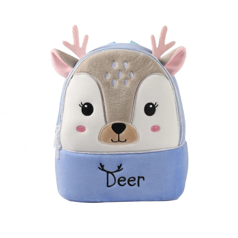 Blue Deer Cartoon Plush Backpack for Daily Use by Children Primary School Kids Backpack with Logo Pattern