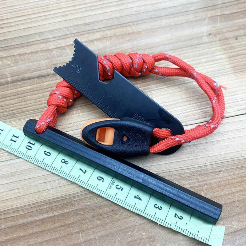 4 IN 1 Hexagon Ferro Rod Kit Survival Whistle Scraper Magnesium Steel Rope