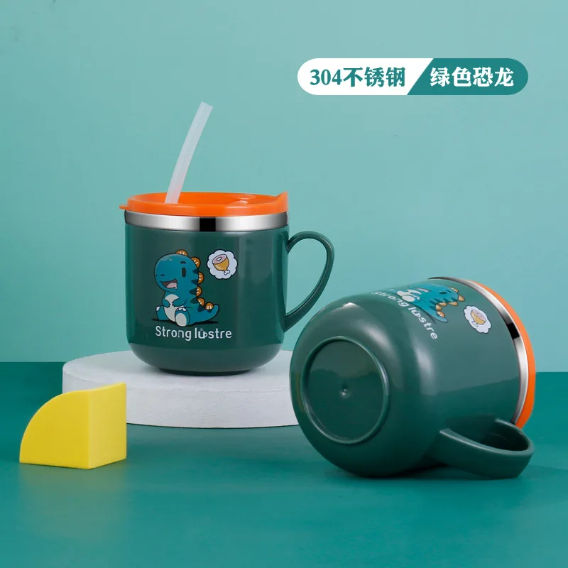Stainless Steel Cup Cartoon creative cup with lid, double-layer thermal insulation and anti scalding scale, milk straw cup
