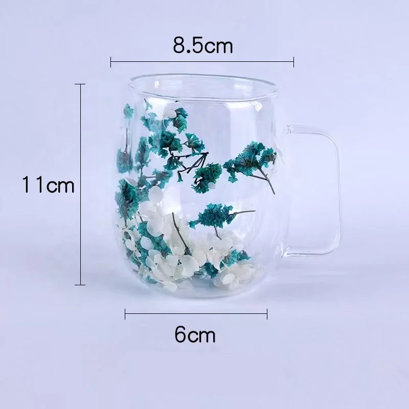 Double-Walled Insulated 350ml Glass Coffee Mug with Floral Handle Demitasse Clear Cups Cappuccino Coffee Tea Milk Latte Juice