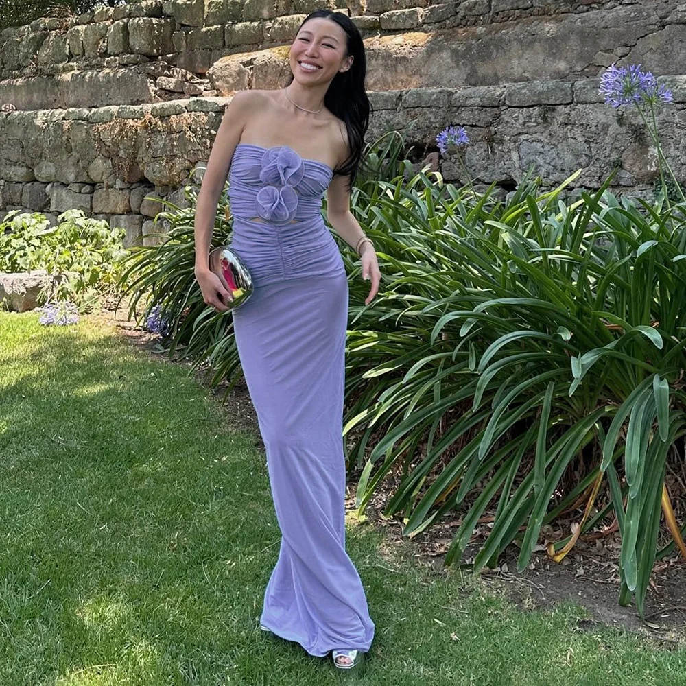 2024 New High-quality Blue Purple Mesh Elegant Three-dimensional Flower Dress Women Fashion Evening Dress