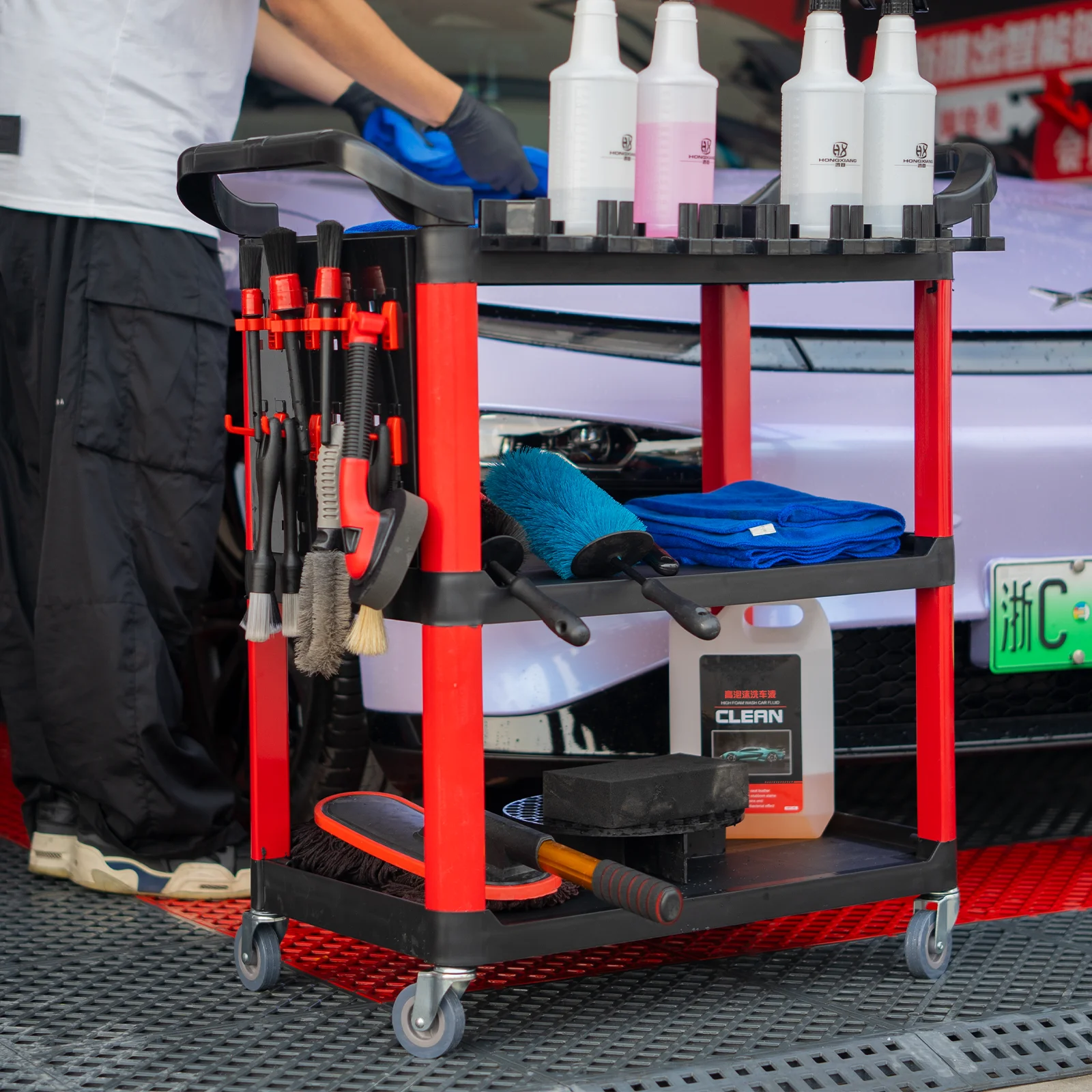 High-Capacity Multi-Purpose Plastic Utility Cart for Professional Cleaning and Storage - Ideal for Hotels and Car Care Shops