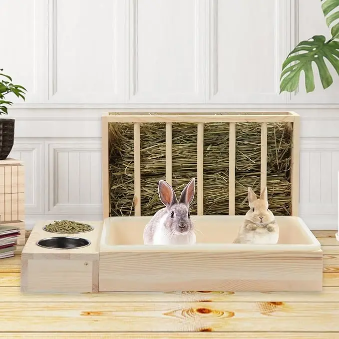 Caoxian Huashen Rabbit Hay Feeder Litter Box Wooden Rabbit Hay Feeder Guinea Pig Hay Rack  Toilet Small Animal