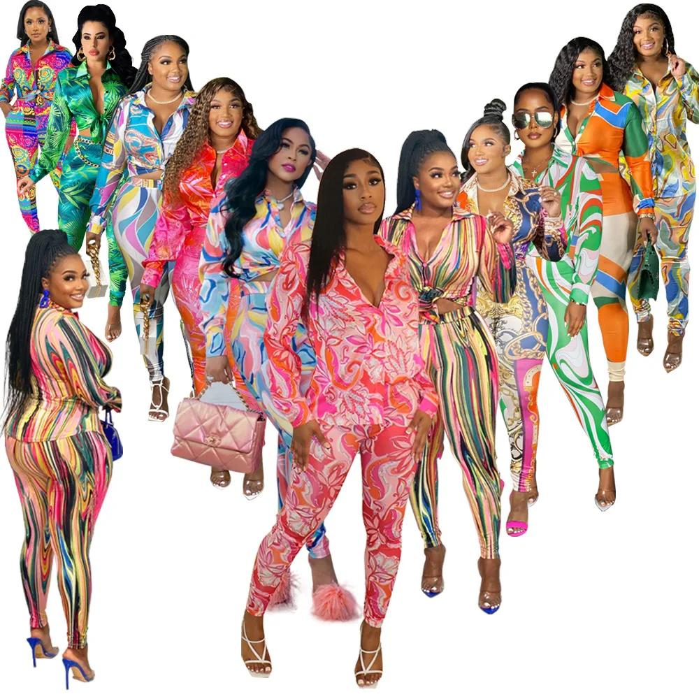 Printed 2 Piece Set Women 2022 Fall Clothes Blouses Ladies Two Piece Shirt Sets Casual Lounge Wear Women Pants and Shirts Set