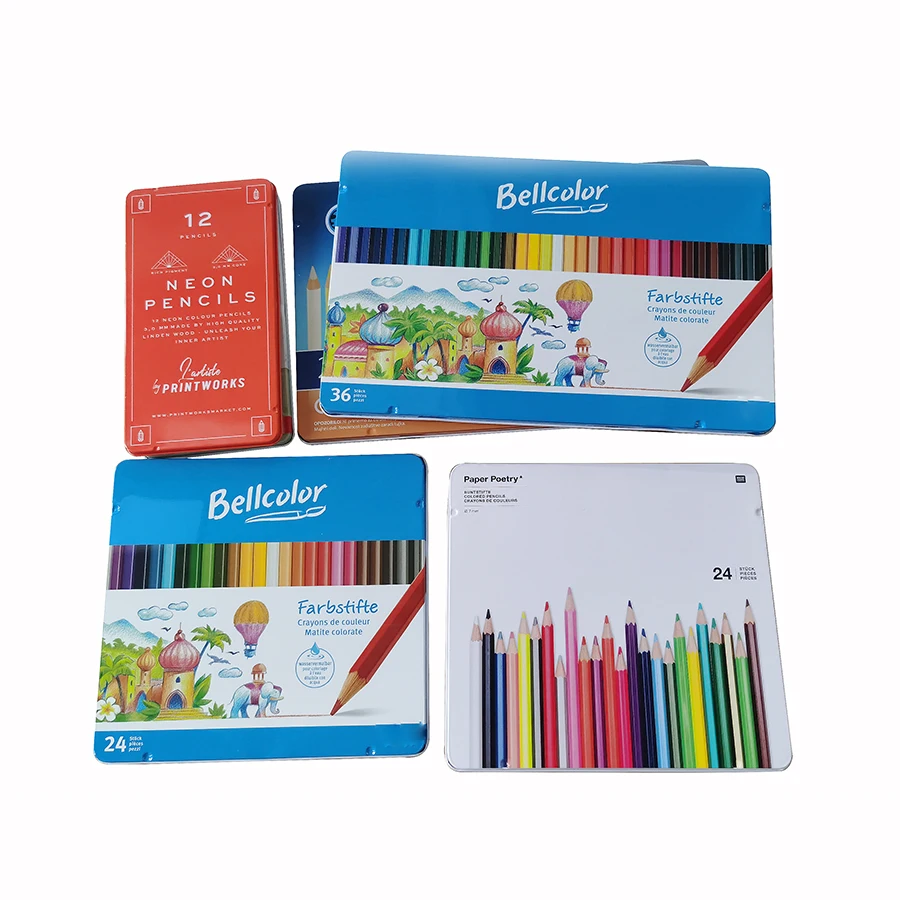 Wholesale Thin Hinged Color Pencil Metal Packaging Tin Case Custom Printed Tin Box