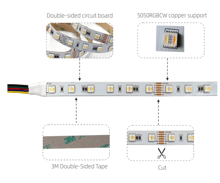 Hot DC24V 12mm pcb 5050 SMD RGBCW 60leds/m RGB+CCT light-dimmer ip20 led strip light//Smart Strip Light