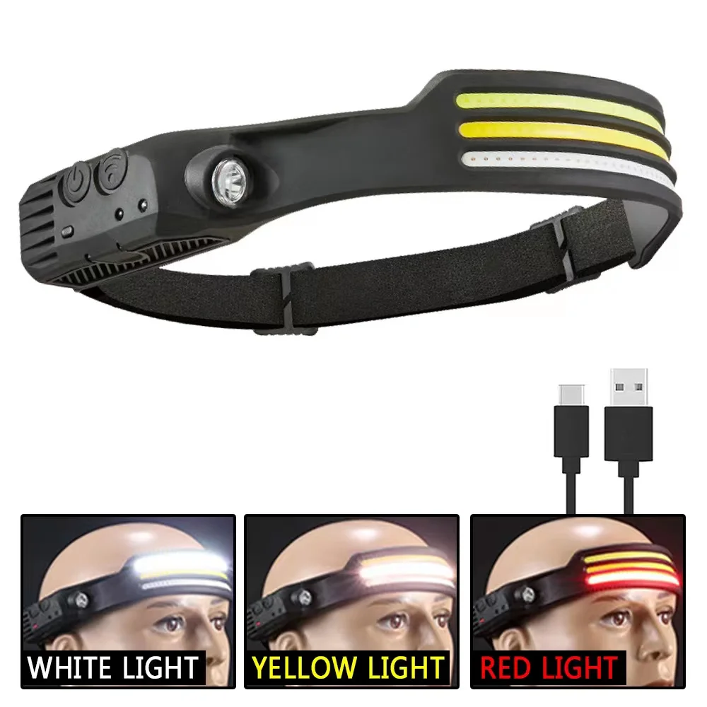 Best Seller Motion Sensor Bright 8 Modes White Red Yellow Light Full View Rechargeable Led Headlamp 3 Cob Wide Beam Headlight
