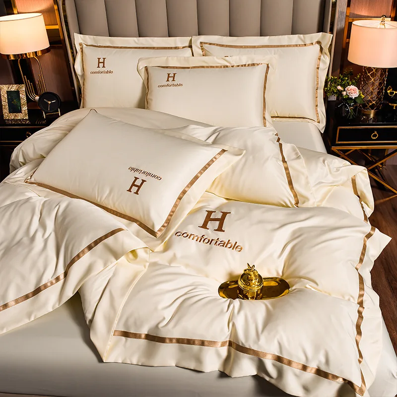 Wholesale Custom Luxury 60S Cotton Embroidery Plant Letters Print Printed Satin 4pcs comforter Duvet Cover Bedding Set Sets