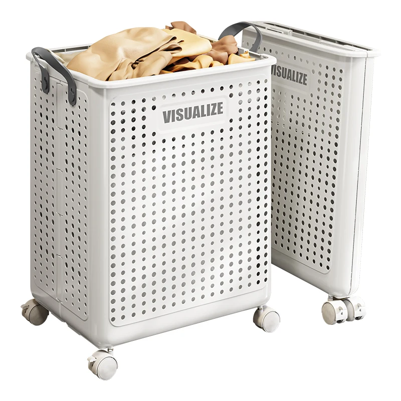 Plastic Dirty Clothes Basket Foldable Household High-Value Bathroom Laundry Storage Basket With Wheels and Handle