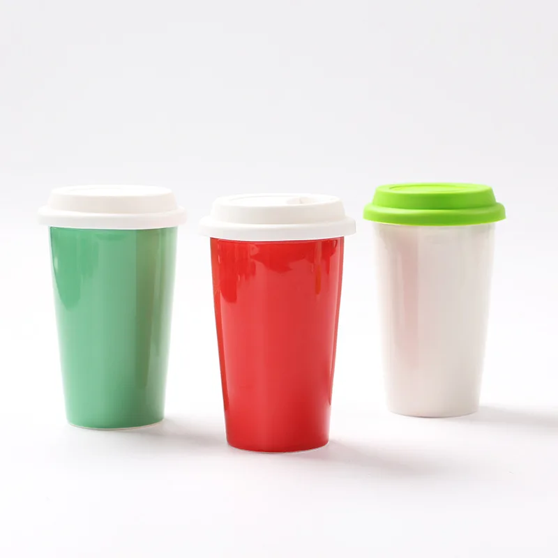 
MOQ 200 pcs 11 oz custom logo double wall ceramic mug, ceramic coffee tumbler with silicone lid 