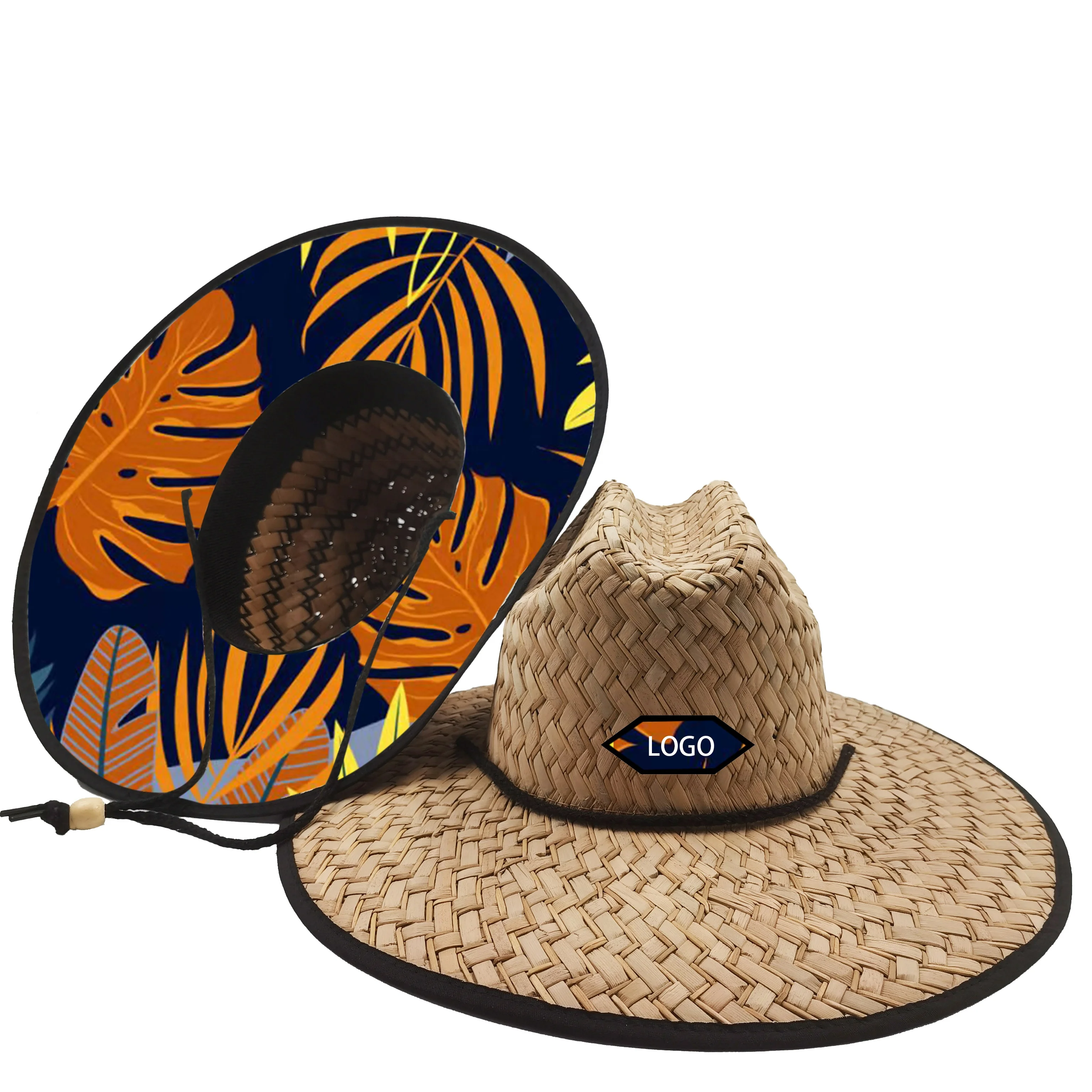 Custom embroidered logo men women wide brim print natural grass woven summer beach lifeguard safari surf fishing straw sun hat
