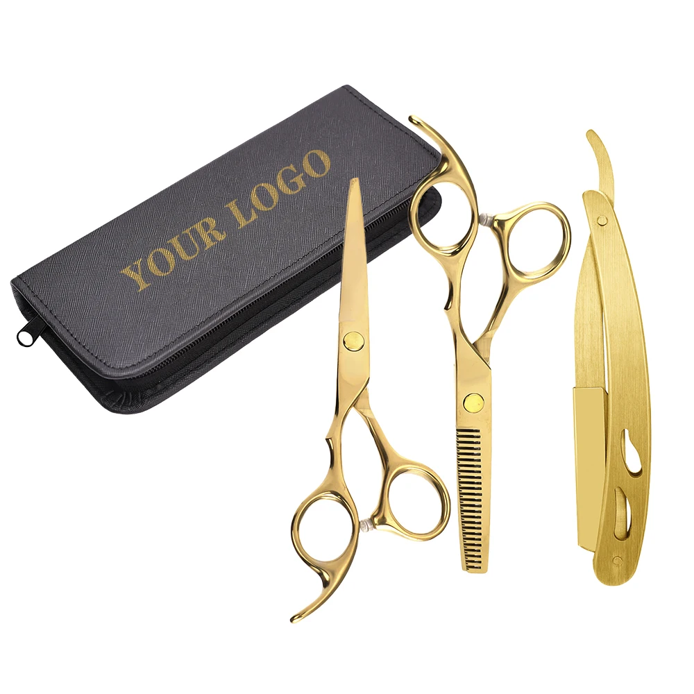 Custom Professional Gold Hair Cutting And Thinning Scissors Set Stainless Steel Hairdressing Salon Barber Kit