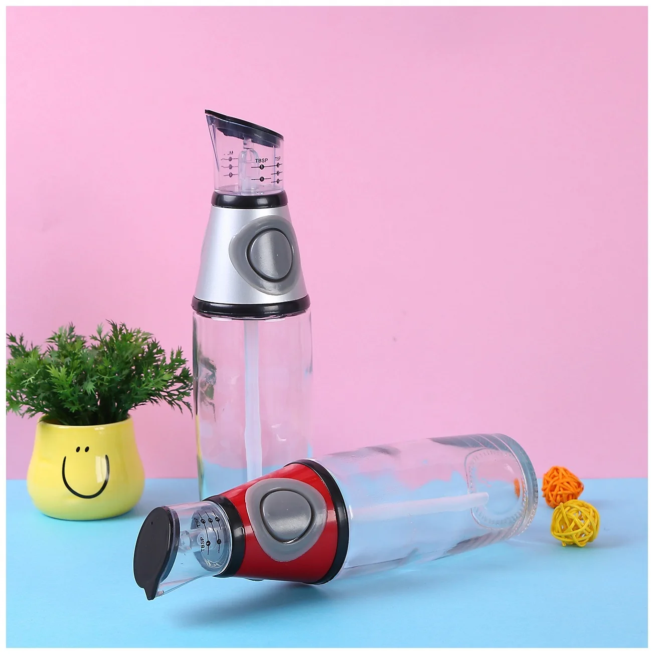 CN Warehouse 500ml/250ml Glass oil pot  measurable soy sauce and vinegar bottle household push-type seasoning bottle with scale