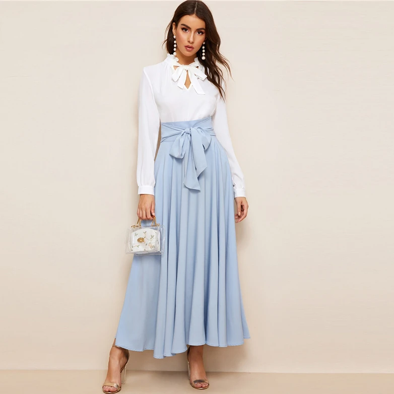 Women Elegant Bow Tie Flared Maxi Skirt Women High Waist Summer Solid Long A-line Skirt Summer Beach Long Skirt HSS6881