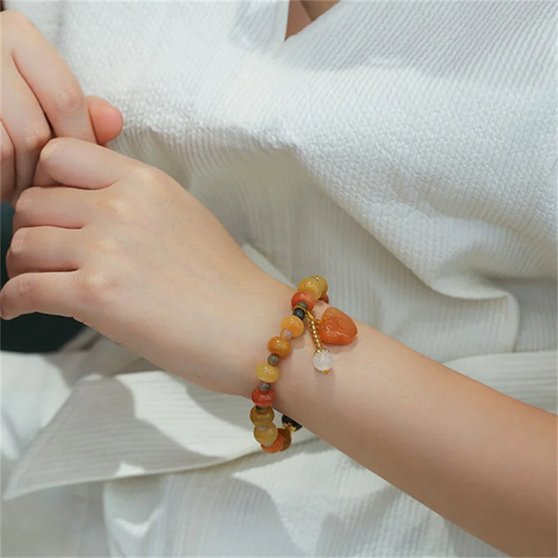 Natural Gold Silk Jade Beaded Bracelets for Women Handmade Vintage Jewelry Female Safety Lock Pendent Chinese Jade Bracelet