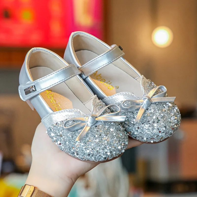 2022 New Girl Princess Shoes Glitter Patchwork Shoes For Kids Bling Bowknot Rhinestones Girls Baby Girl Dress Shoes