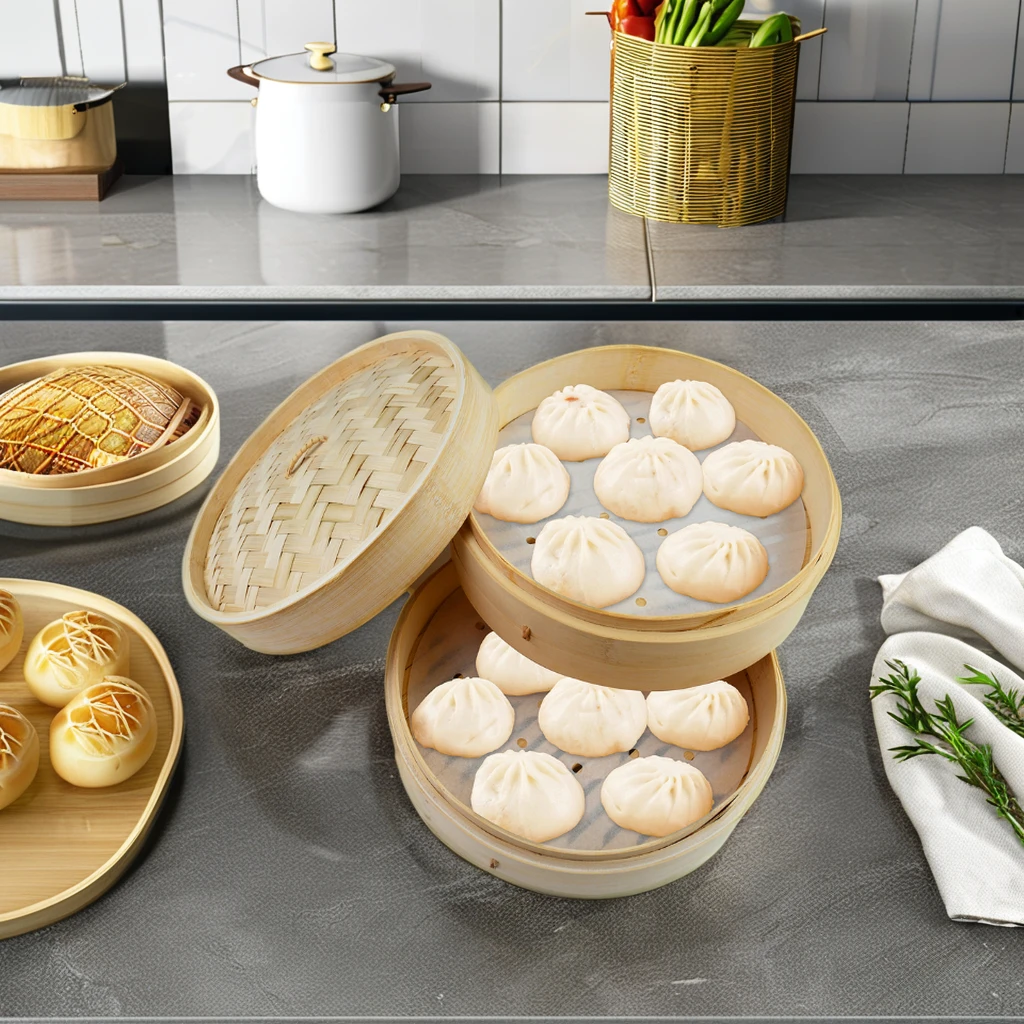 Multi-function Organic 10-14Inch Kitchen Cooker Bamboo Steamer Basket Set Gas Stove Applicable for Rice & Bun & Dumplings Food