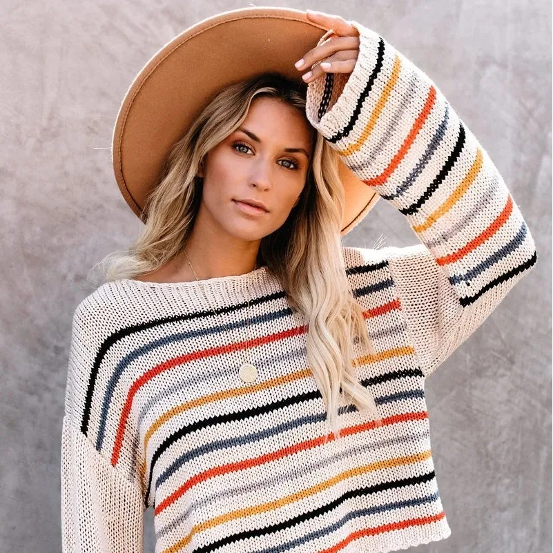 
Fall New Casual Style Rainbow Stripe Top Long Sleeve Women Knitted Sweater On Sale 