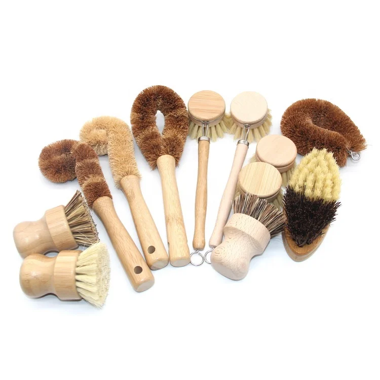 
Amazon Hot sale natural sisal palm bamboo wooden coconut fiber glass bottle kitchen dish pot cleaning brush set 