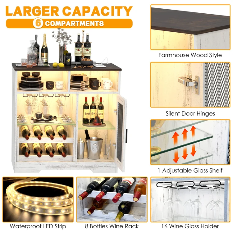 Home Living Dining Room Farmhous Power Outlet Wine Coffee Bar Cabinet Kitchen Sideboard LED Strip Liquor Buffet Rack Cabinet