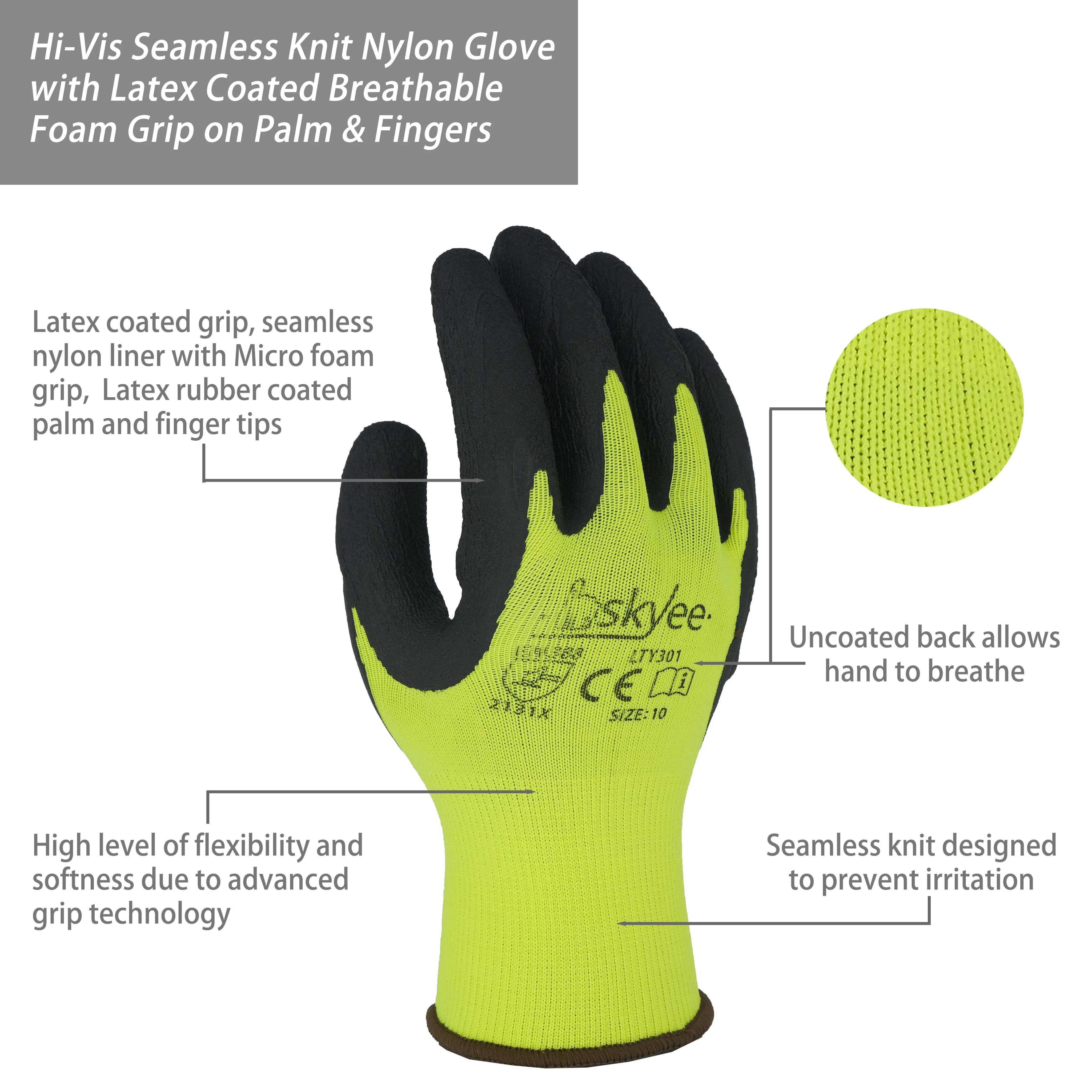 SKYEE wholesale foam latex coated nylon fabric anti thron cut resistant labour garden work gloves for industrial workers