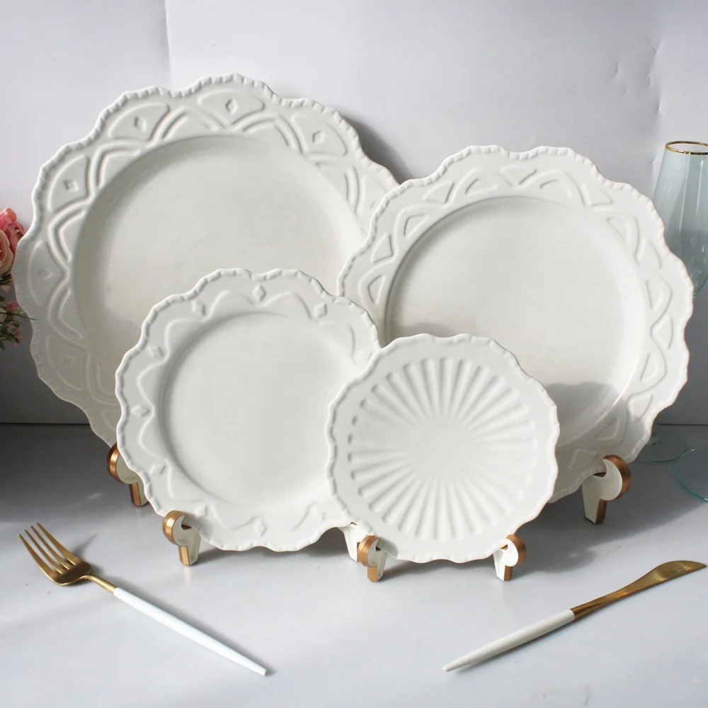 JACOTTA 2022 New Design White Embossed Plates Dinnerware Sets New Bone China Dishes&Plates