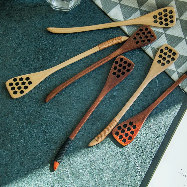WH904 Natural Wooden Honey Stick Long Spoon Honeycomb Dipper Honey Jar Dispense Drizzle Honey  Stirrer Stick