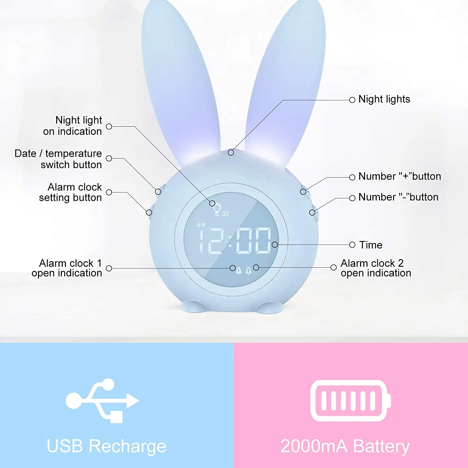 Ready to ShipIn Stock Fast Dispatch New Cute Rabbit Timer Alarm Clock Creative LED Electronic Gift Sound and Light Control Night