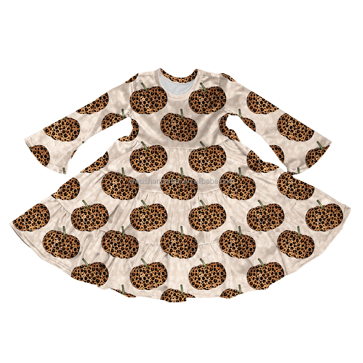 Autumn Long Flared Sleeve Kids Velvet Dress Custom Pumpkin Floral Design Baby Girls Twirl Dresses