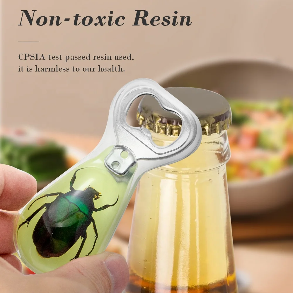 New Design Whole Sale in Bulk Glow Dark Natural Dried Beetle Insects Bugs Resin Handle Beer Bottle Opener