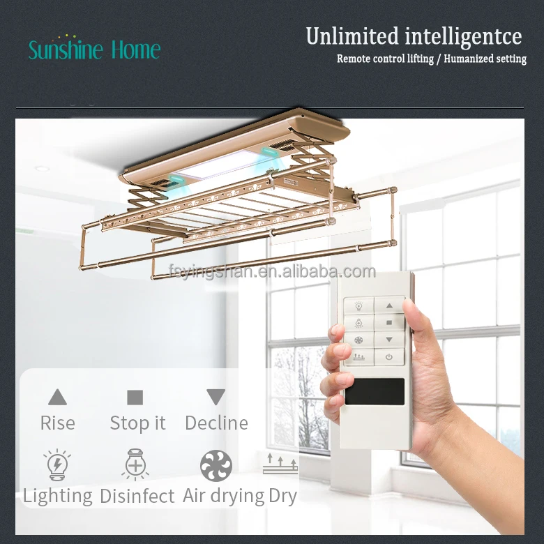 Factory Direct Sale Champaign Gold Aluminium Smart Electric Ceiling Mounted Hanging Clothes Drying Rack With Led Light