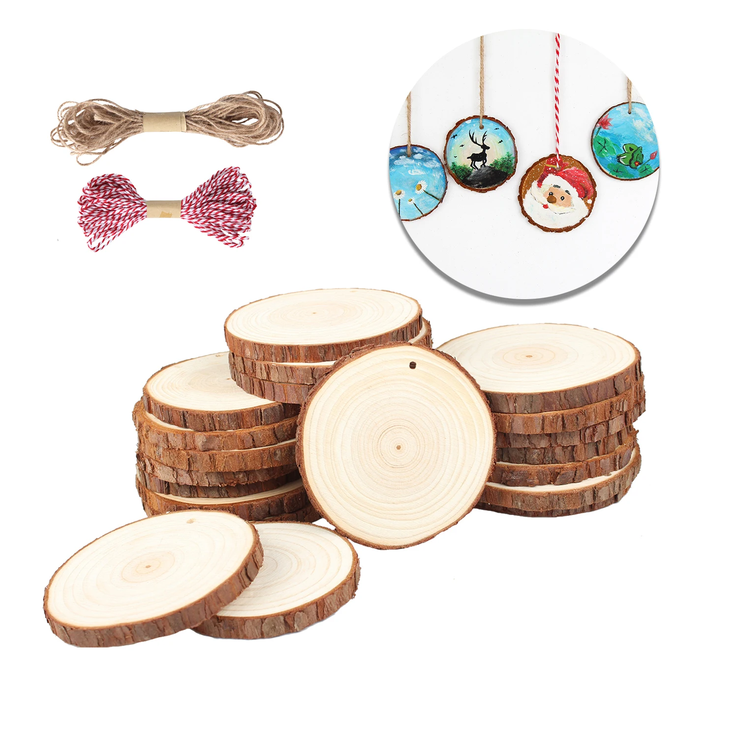 Rustic Diy Natural Pine Predrilled  Wood Slices Round With Barks For Christmas Wedding Decoration
