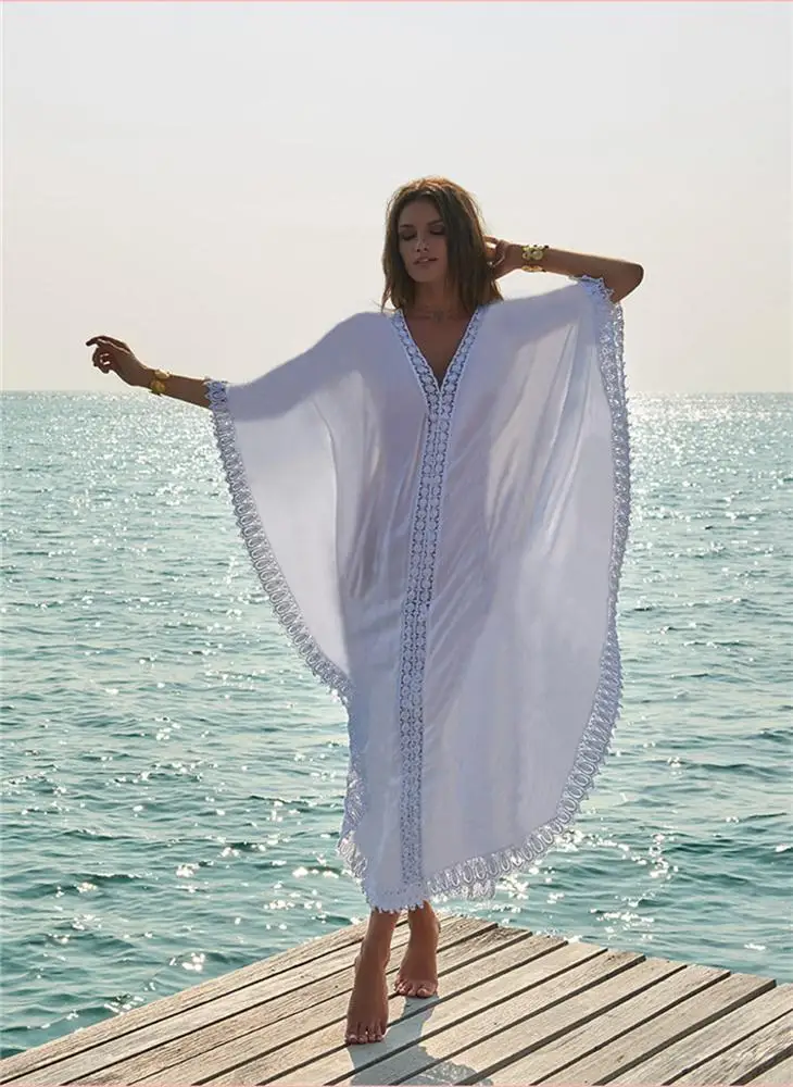 C3539 Women Casual Cover Ups Summer White Tunic Beach Kaftans Wholesale India
