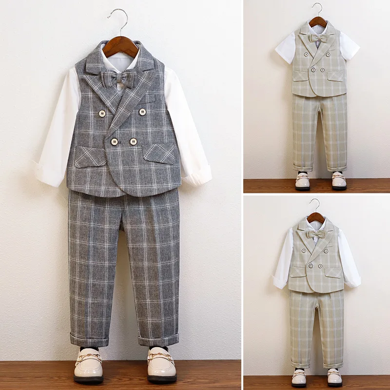 Handsome Checkered Vest Set for Boys Hosting Flower Children Performance Clothing 2023 High Quality Boys Suit Set