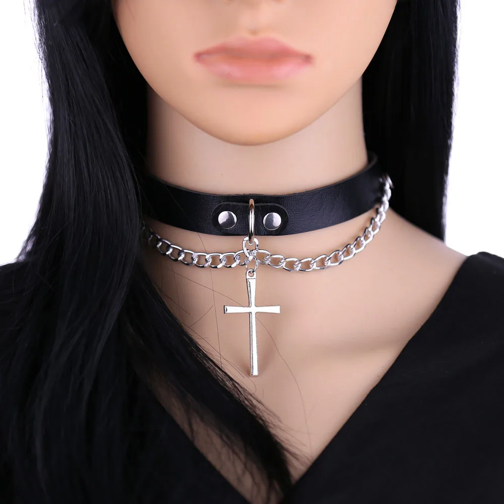 Punk Leather Chain Cross Choker Collar Necklace Classic Cross Pendant Neck Strap Choker Necklace