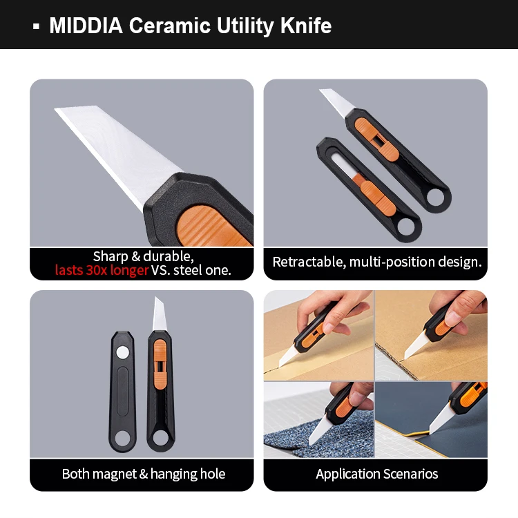MIDDIA Retractable Utility Knife Box Cutter with Ceramic Blade and Easy Cardboard Open