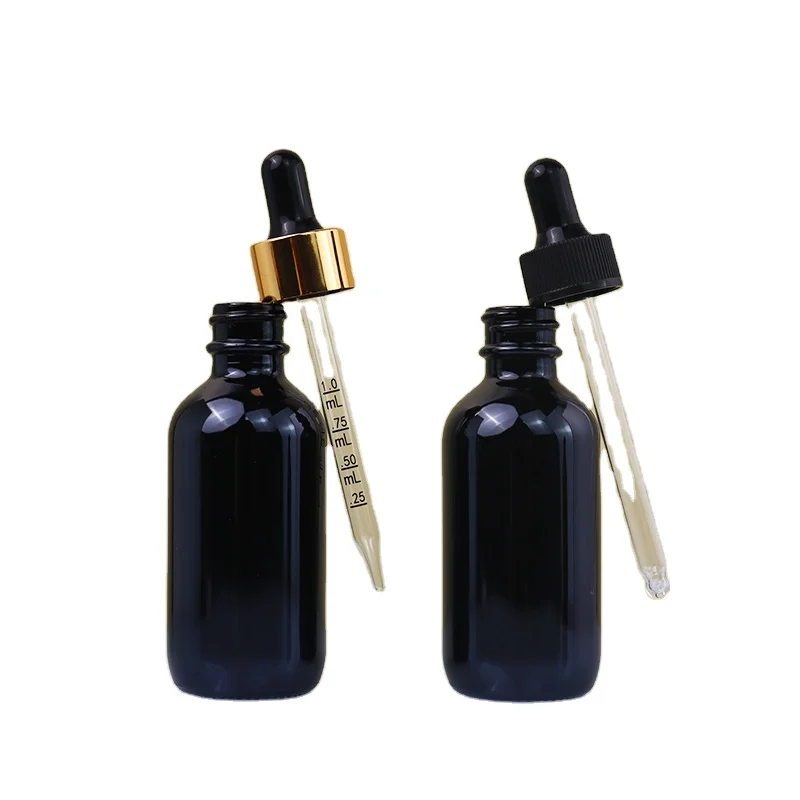 In stock shiny black 1oz 2oz 2 oz 30ml 60ml essential oil bottle boston round black frosted glass dropper bottle with dropper