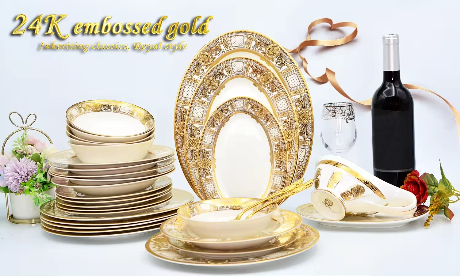 3PCS Royal luxury 24K embossed gold rim classic plate oval platter dish set