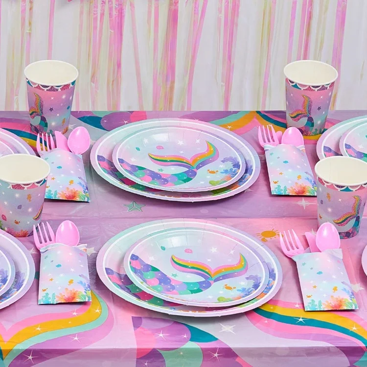 Бумажный летний бассейн Umiss, товары для дня рождения для девочек, чашка для блюд, флаг русалки, украшения для вечеринки