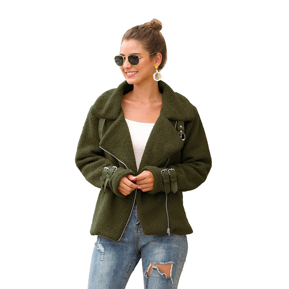 KYB9192 2019 autumn and winter motorcycle jacket faux fur teddy zipper women jacket coat