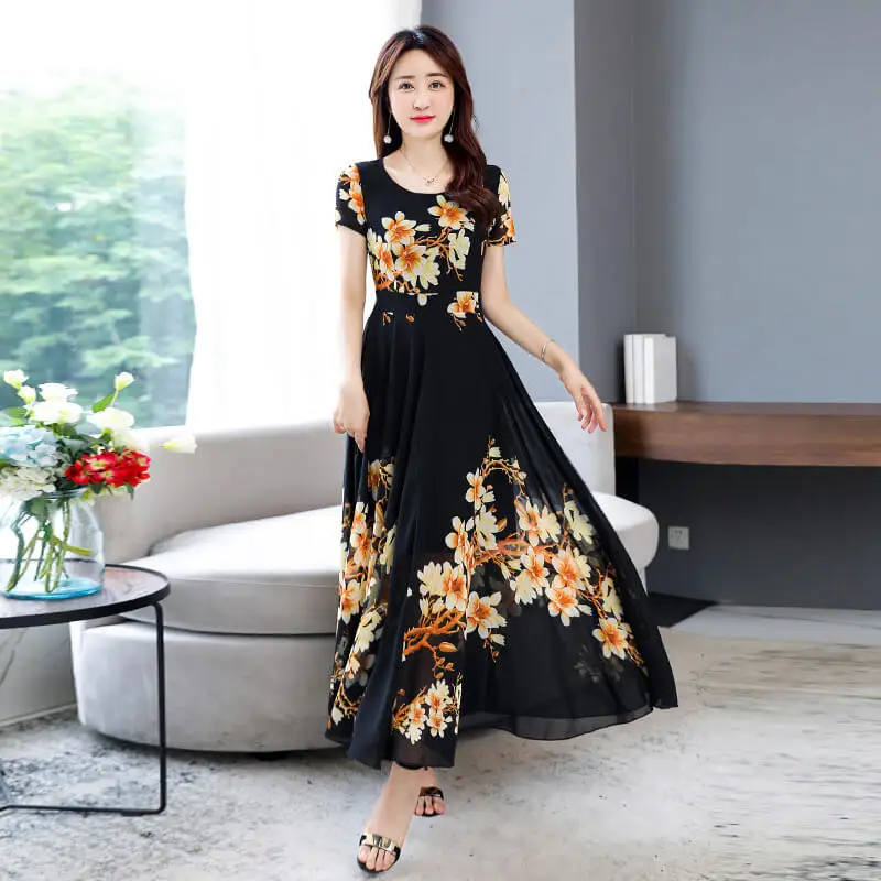 2022 Wholesale In Stock Summer Long Dress Women Floral Print Boho Dress Short Sleeve Ladies Casual Dresses Vestidos