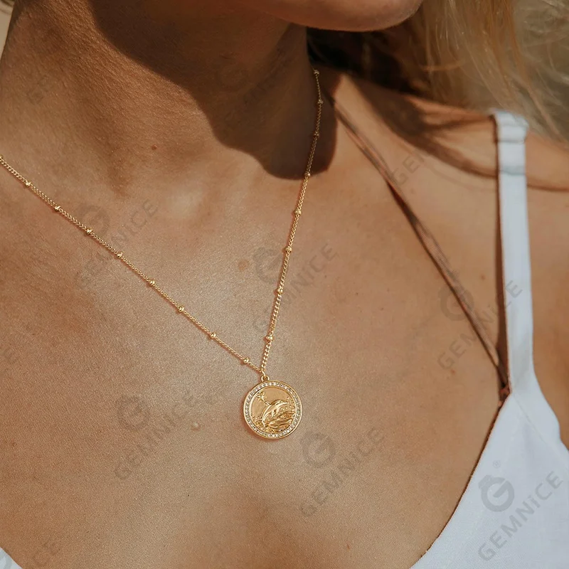 Gemnel custom 925 silver jewelry gold plated pave white cz star dolphin coin pendant necklace
