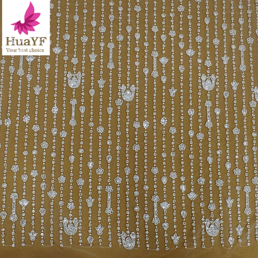 HY2652 luxury french 3d silver white heavy beaded pearls lace with sequins shining wedding bridal evening dress