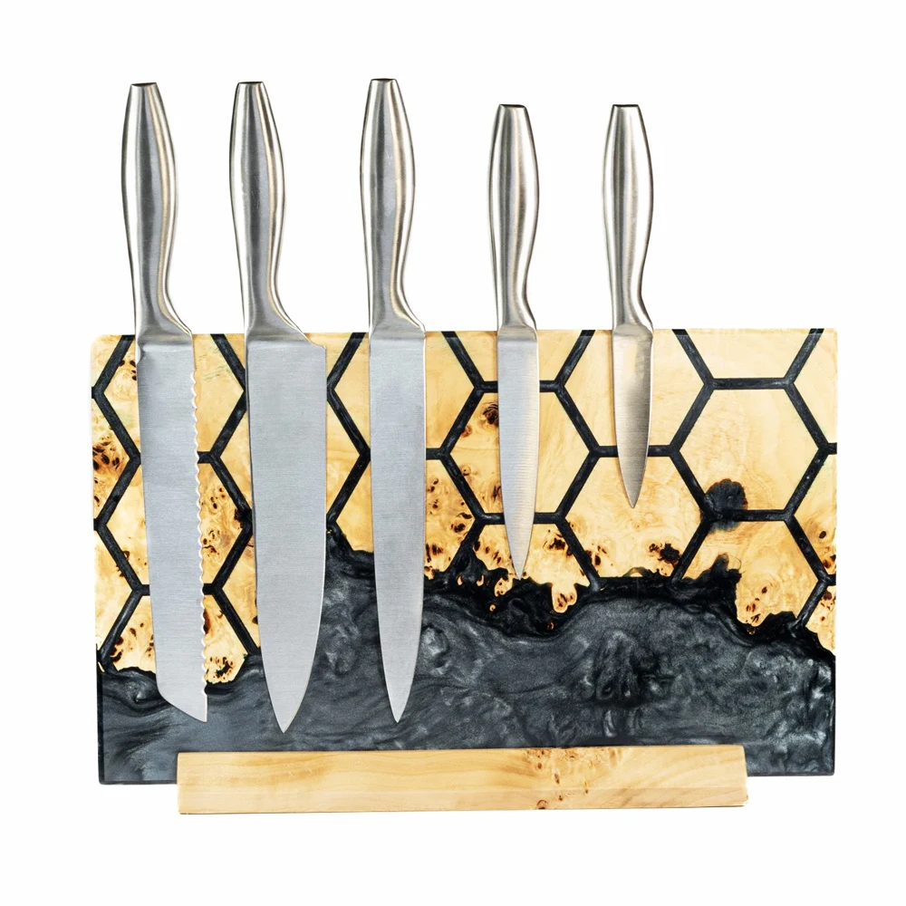 Premium wooden home kitchen strong magnetic knife block knife holder epoxy decorative with cutting board in set
